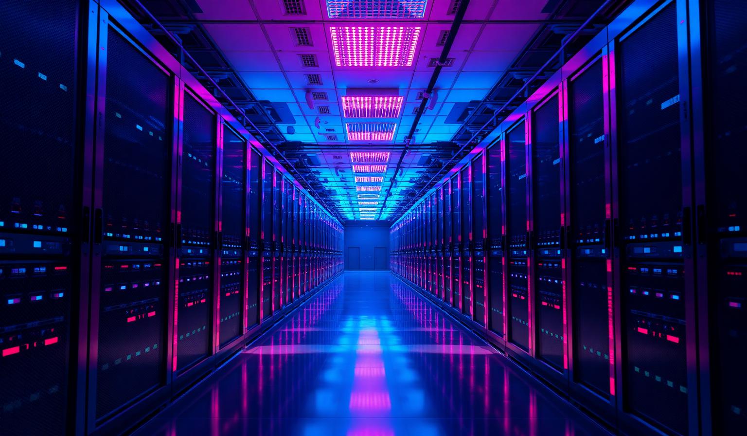 Long aisle of GPU server racks in a modern AI data center