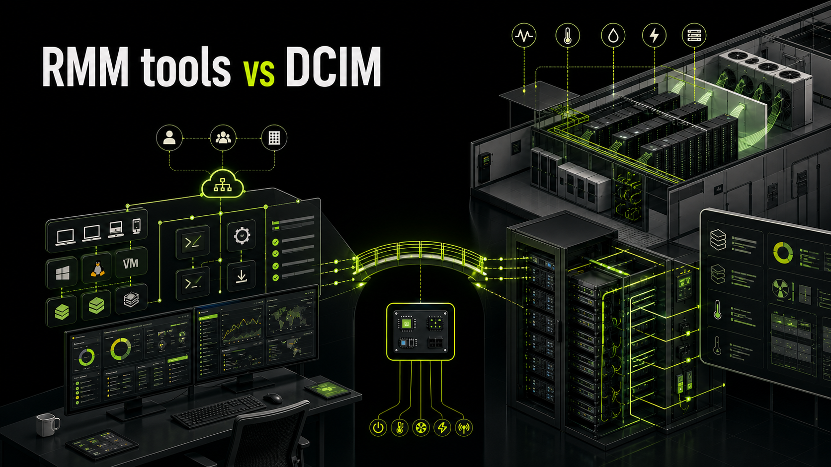 Editorial infrastructure diagram comparing RMM tools and DCIM with an out-of-band hardware bridge