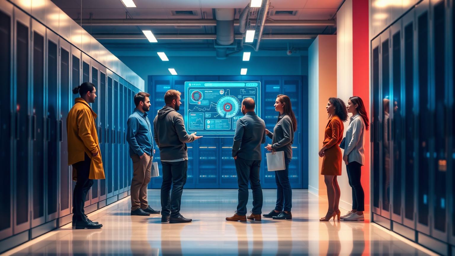 ITSM team collaborating around a dashboard in a data center